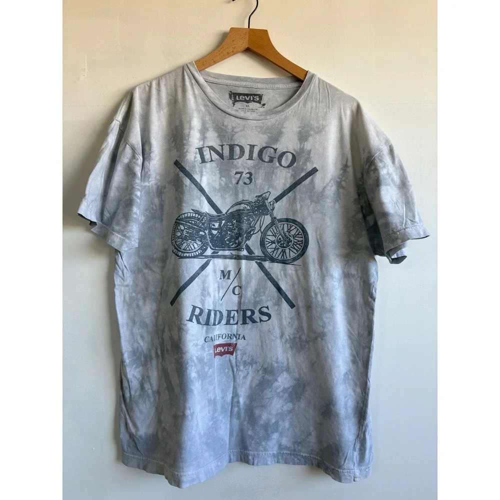 Levis Mens XL Indigo 73 Motorcycle Graphic Tie Dye T-Shirt Grey Biker Tee